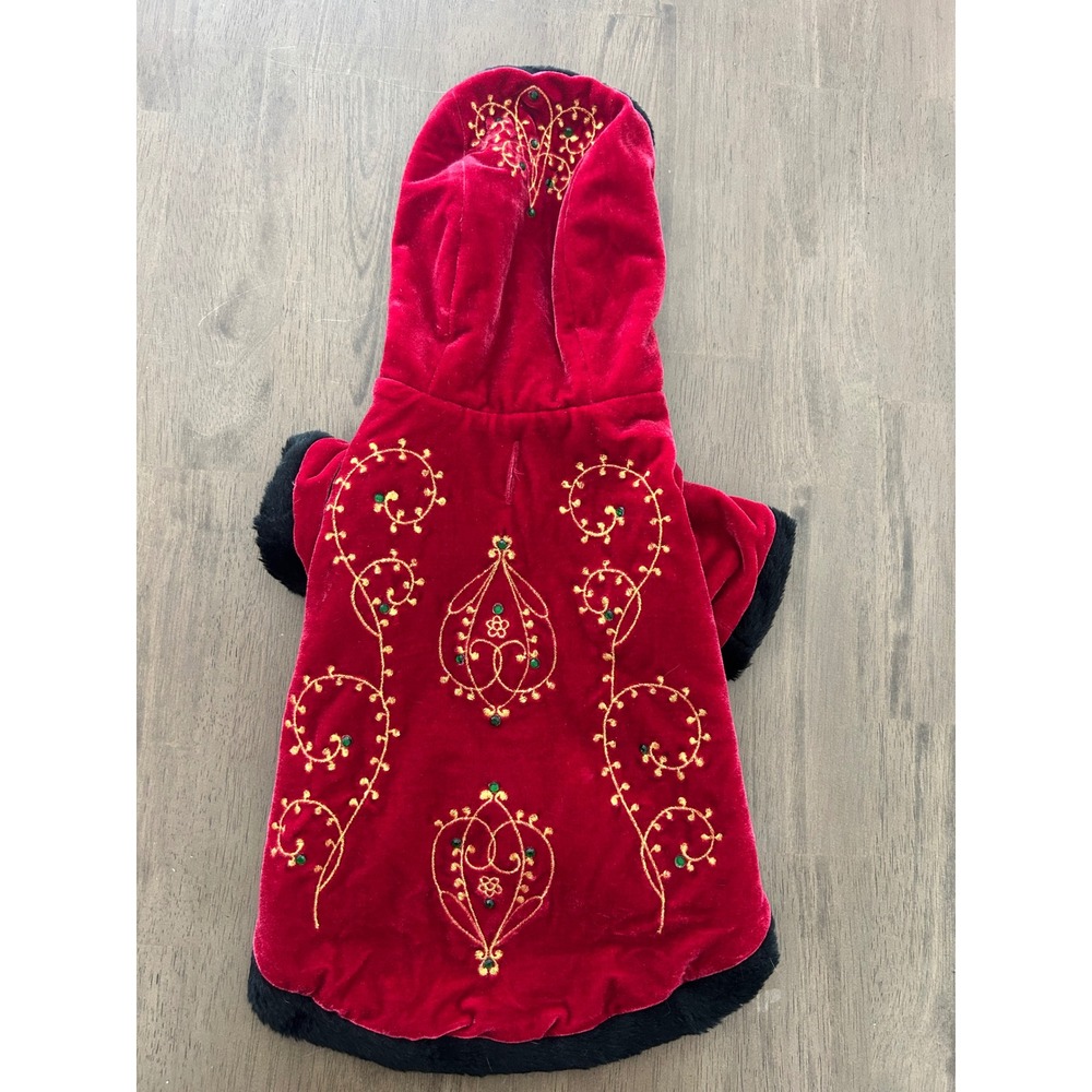 Pet Red Velvet Gold Embroidered Hooded Coat Faux Fur Trim Medium